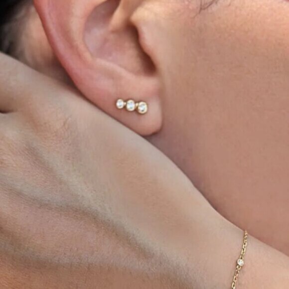 CUTE Climber Stud Earrings Cubic Zirconia Bezel 14K Gold Plated Hypoallergenic - Picture 8 of 13